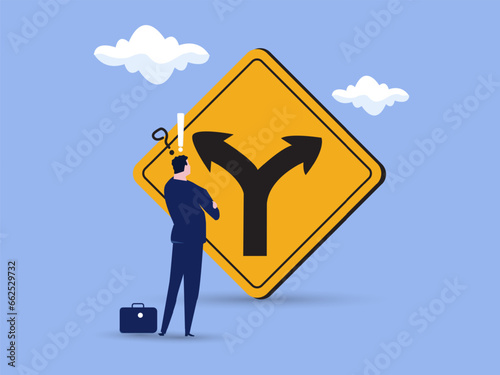 Decision to choose pathway, alternative or choice, deciding career path, contemplation businessman thinking which way to go on folk road sign. determination or thinking to find solution concept.