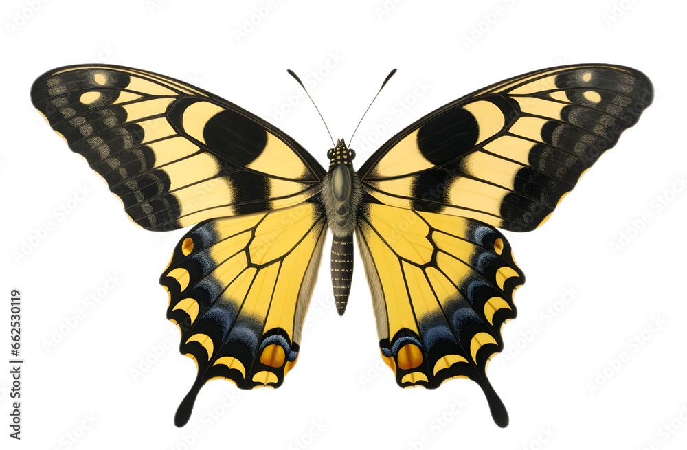 Yellow Monarch butterfly close up isolated on white background cutout