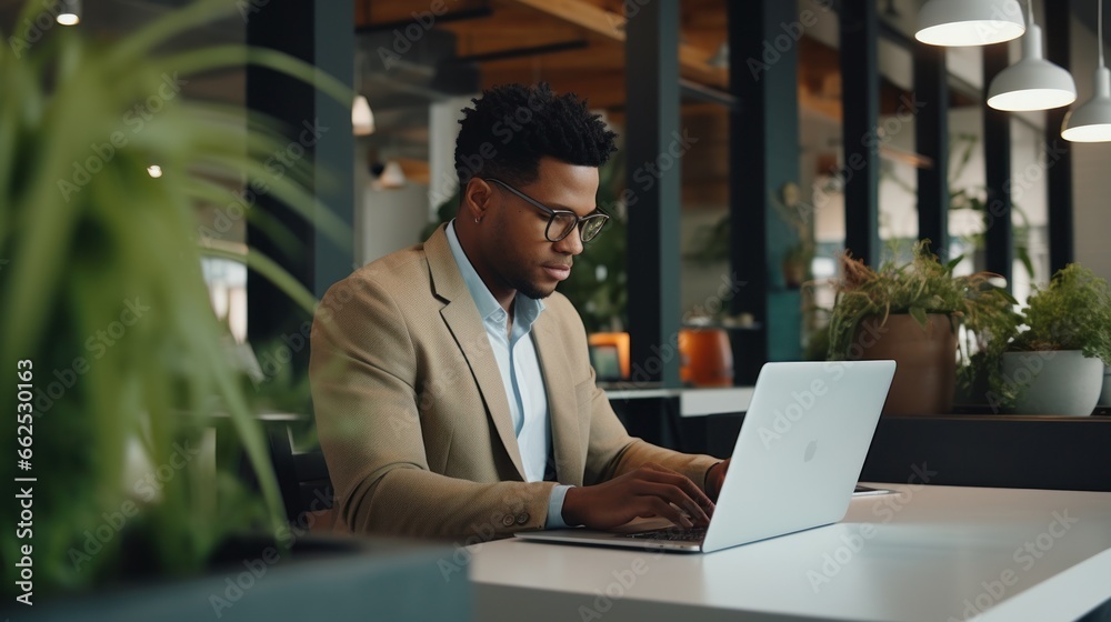 African-American male businessman in office with laptop African-American male businessman in office with laptop