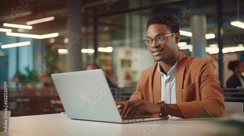 African-American male businessman in office with laptop