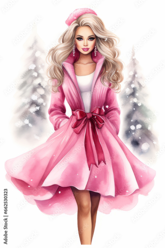 Fashion watercolor illustration, young woman in pink pastel Christmas party outfits. Fashion watercolor illustration, young woman in pink pastel Christmas party outfits.