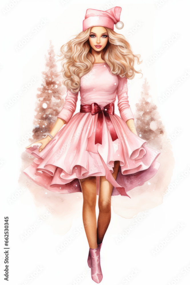 Fashion watercolor illustration, young woman in pink pastel Christmas party outfits. Fashion watercolor illustration, young woman in pink pastel Christmas party outfits.