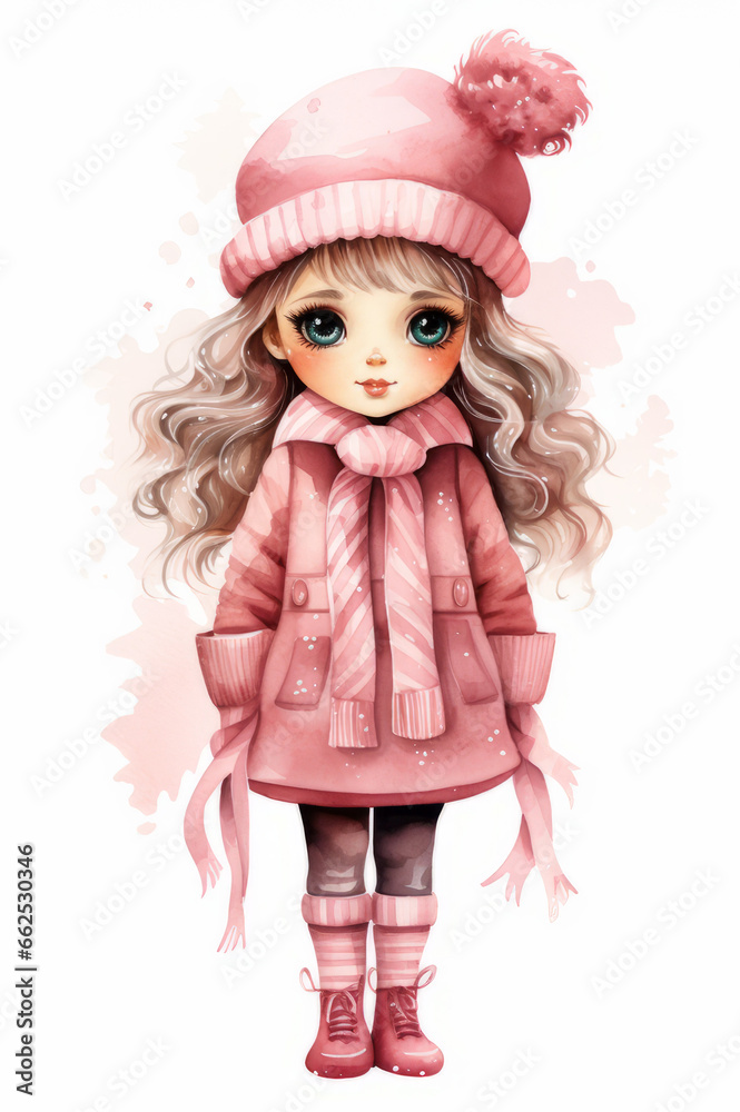 Watercolor illustration of a little blond haired girl wearing pink hooded coat, pink scarf, pink hat. Christmas concept. Watercolor illustration of a little blond haired girl wearing pink hooded coat, pink scarf, pink hat. Christmas concept.