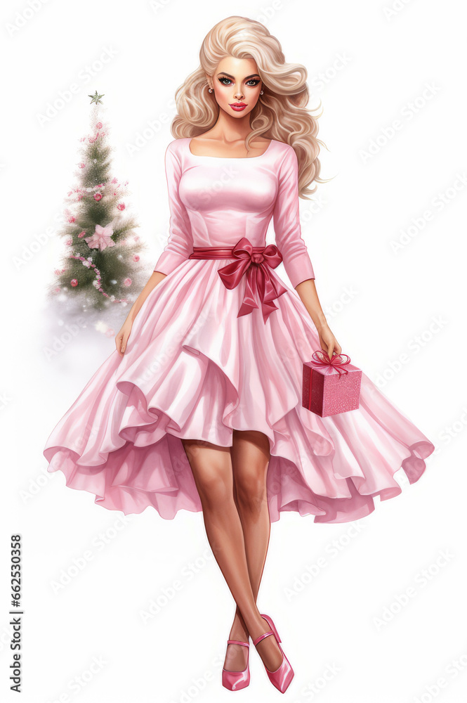 Fashion watercolor illustration, young woman in pink pastel Christmas party outfits. 