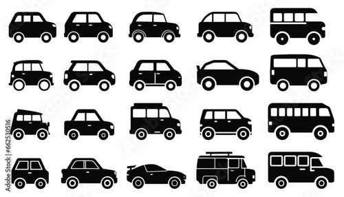 Set of silhouette car type, side view, variants of automobile, black vector illustration isolated on white background