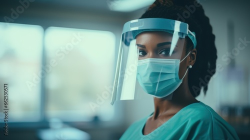 Female African-American nurse, wearing personal protective gear