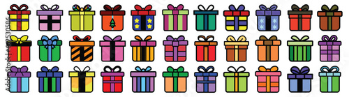 Set of colorful icons of gift boxes, flat design for Christmas, birthday valentine, vector illustration isolated