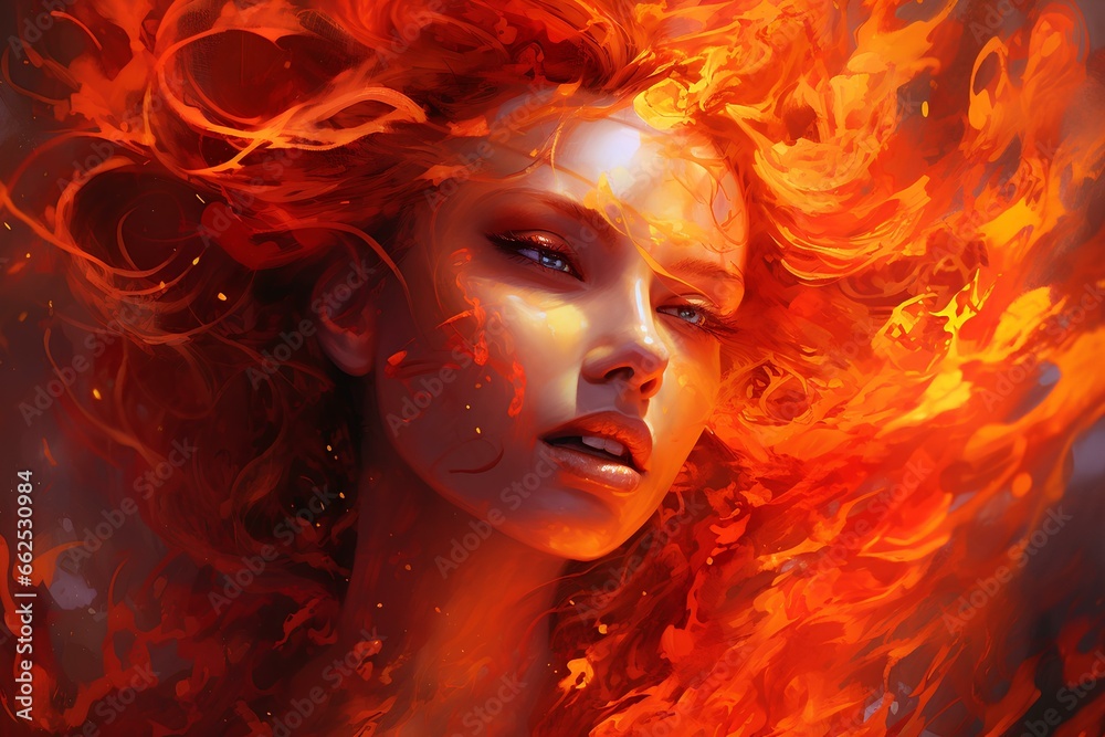 Goddess of Fire Walking in the Flames. Red and Orange Fire. generative AI