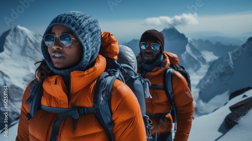 African-American couple hiking in the snow