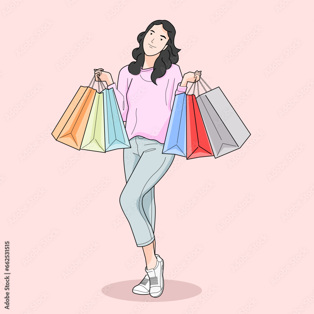 woman standing carrying shopping bags, shopping happy smiling woman standing carrying shopping bags, shopping happy smiling