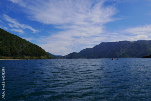 Kayak and canoe at Lake Saiko near Mt. Fuji. The calm water surface is calm and pleasant. © Optimistic Fish