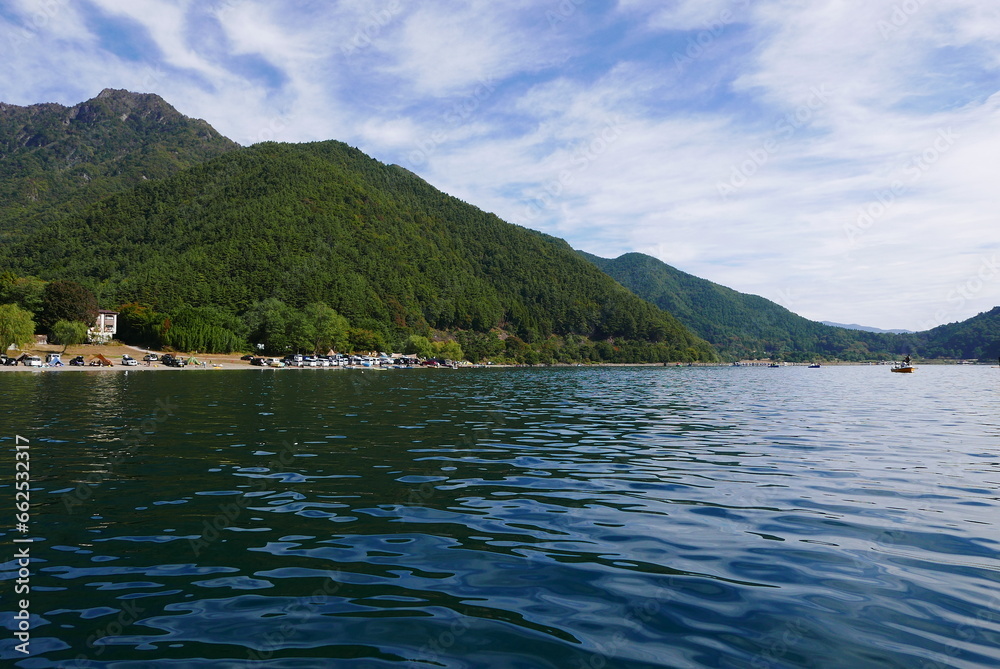 Kayak and canoe at Lake Saiko near Mt. Fuji. The calm water surface is calm and pleasant.
