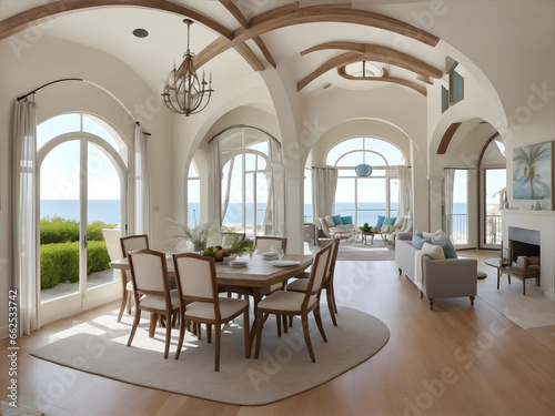 Modern coastal dining room with vaulted ceiling, Mediterranean home interior design. Generative AI.