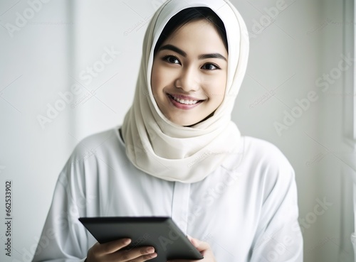 Smiling Muslim woman with tablet