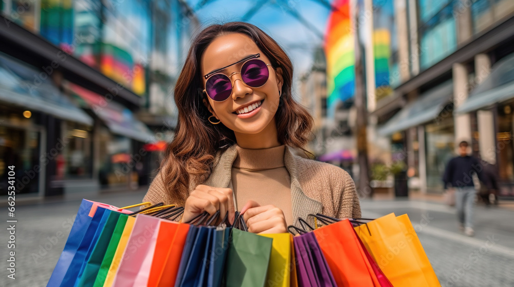 Young Gorgeous Girl Shopping With Smilling Face on Street Background Selective Focus Young Gorgeous Girl Shopping With Smilling Face on Street Background Selective Focus
