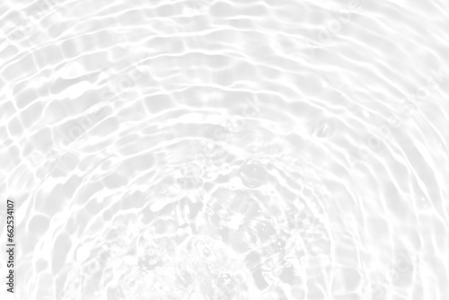 Defocus blurred transparent white colored clear calm water surface texture with splashes reflection. Trendy abstract nature background. Water waves in sunlight with copy space. Blue watercolor shine.