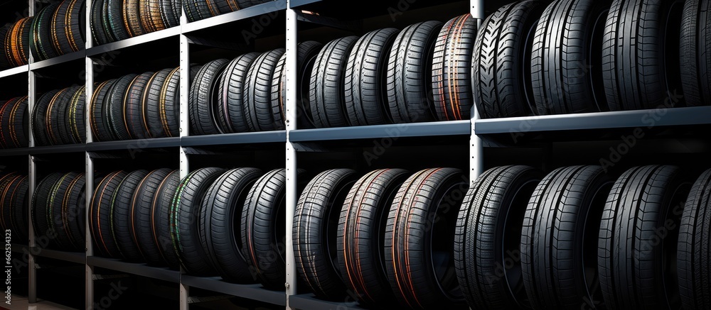 New car tyres in store or warehouse with prices With copyspace for text New car tyres in store or warehouse with prices With copyspace for text
