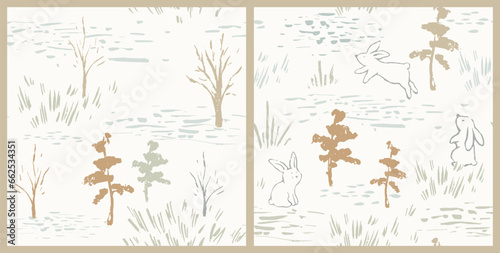 Hares forest seamless pattern. Hand drawn bunny meadow landscape. Woodland vector © Vasileva