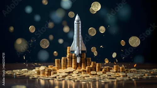 rocket blusting off with raining gold coins