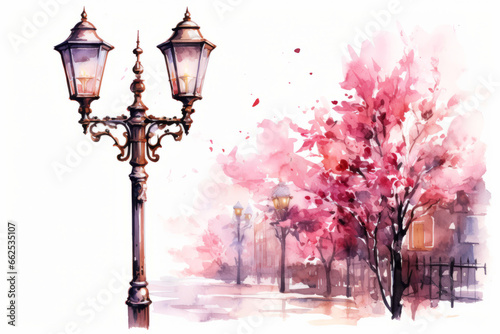 Colorful winter old oil lantern Christmas watercolor painting. Abstract pink background. photo