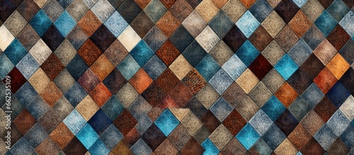 Patterned rug with diagonal squares rustic fabric texture distressed backdrop bohemian design AI rendering