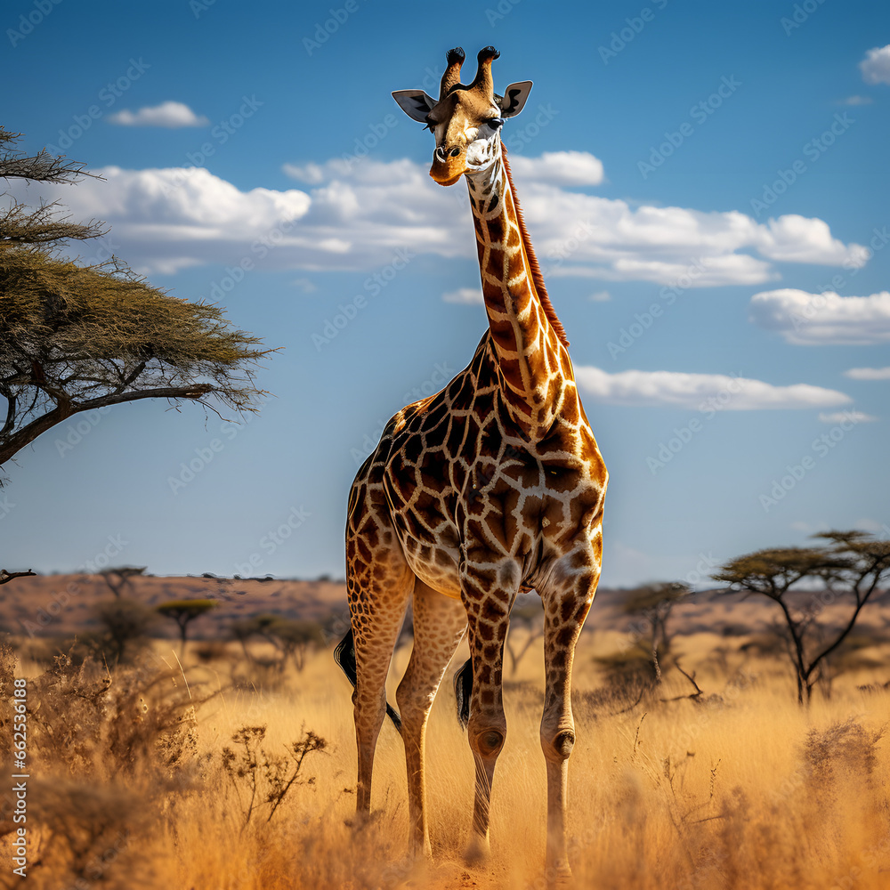 A giraffe grazing in an African grassland
