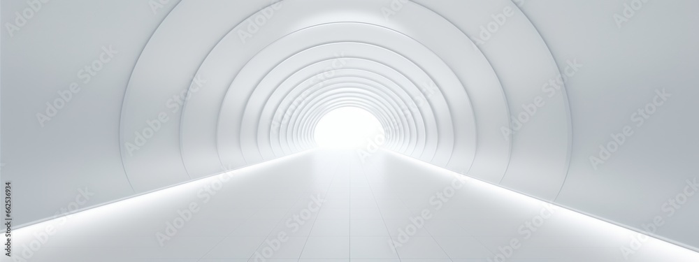White background 3D room light abstract space technology tunnel stage floor. Empty white future 3D neon background  studio futuristic corridor render modern interior silver road black wall design gray - obrazy, fototapety, plakaty 
