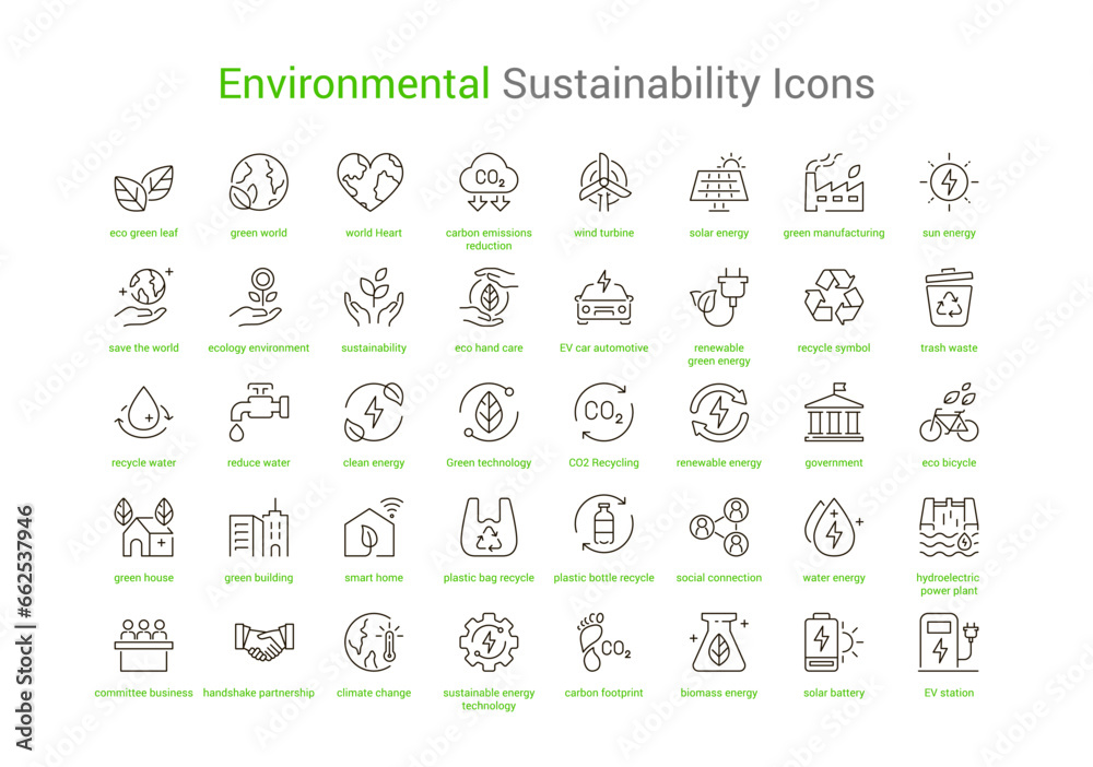 Black color Environmental Sustainability Icons - obrazy, fototapety, plakaty 
