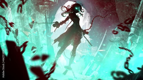 A sinister and beautiful sorceress is freed from imprisonment by breaking chains and an ancient temple into fragments, lifting everything into the air with magical power. approaching 2d animated art