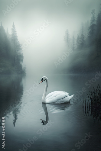 Elegant Swan Gliding Across a Serene Lake Amidst a Foggy Forest Backdrop