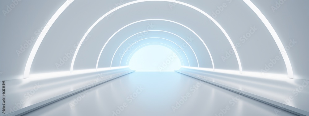 White background 3D room light abstract space technology tunnel stage floor. Empty white future 3D neon background  studio futuristic corridor render modern interior silver road black wall design gray - obrazy, fototapety, plakaty 
