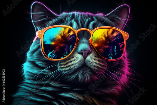 cute cat wearing glasses combination of neon lights on black background 3d rendering AI generative 