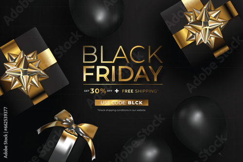 realistic black friday banner with presents balloons design vector illustration