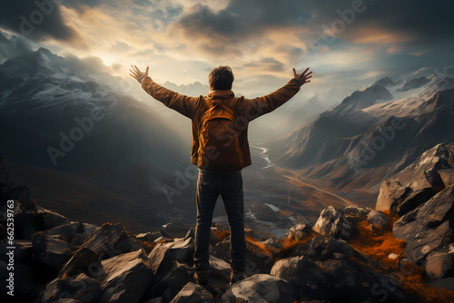 man with arms raised on top of the mountain, achievement, in the style of cold and detached atmosphere, konica big mini, wimmelbilder, passage, spectacular backdrops photo