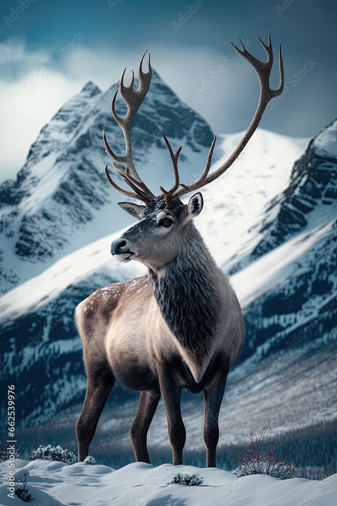 A Majestic Reindeer Overlooking a Snow-Clad Winter Wonderland A Majestic Reindeer Overlooking a Snow-Clad Winter Wonderland