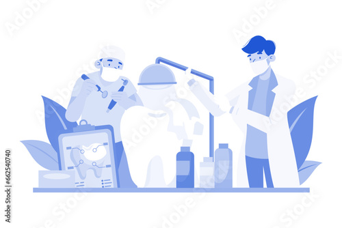 Dentists holding professional stomatology tools and fixing tooth models.