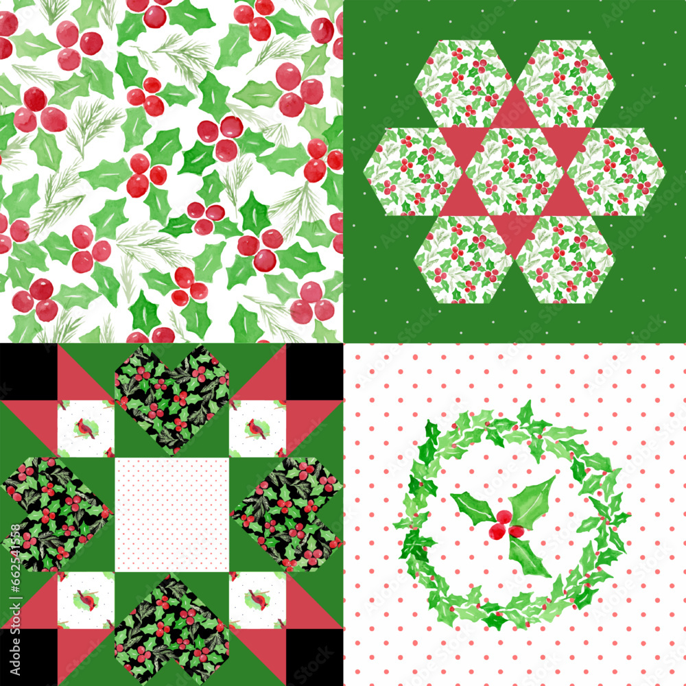 Fototapeta premium Watercolor Vintage Christmas Quilt Square Seamless Repeat Pattern Design with Cardinal and Holly
