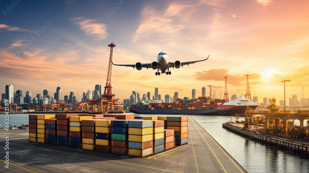 Container Cargo freight ship with working crane bridge in import export and logistics business and transportation concept Container Cargo freight ship with working crane bridge in import export and logistics business and transportation concept
