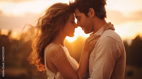 Romantic male and female looking each other into eyes during the sunset. Beautiful couple in love standing face to face.