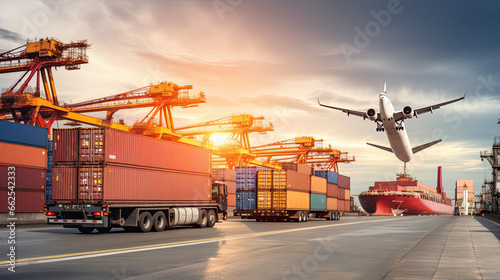 Container Cargo freight ship with working crane bridge in import export and logistics business and transportation concept photo