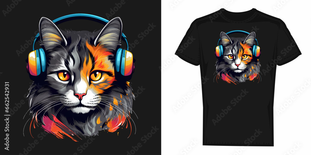Cat with headphone vector design, graphics for t-shirt prints