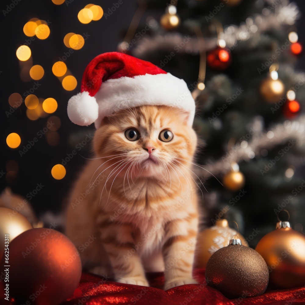 Funny Orange Cat in Santa Hat: Christmas Tree Decorations and Holiday Cheer,ai generated Funny Orange Cat in Santa Hat: Christmas Tree Decorations and Holiday Cheer,ai generated