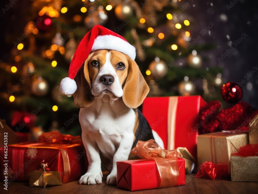 Cozy Christmas Scene Playful Beagle, Santa Hat, and Festive Decorations,ai generated