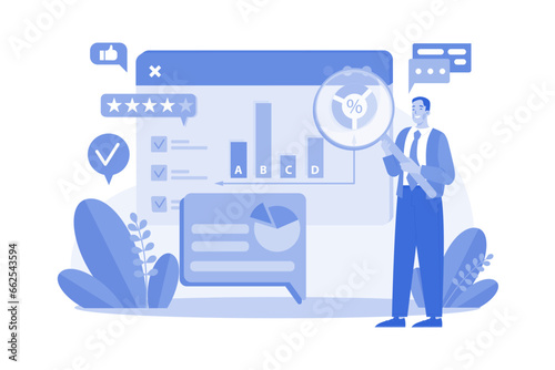 Business man analysis survay online result with graph.
