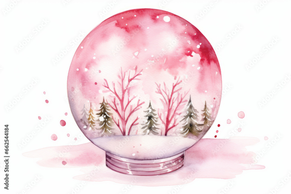Watercolor pink magic Christmas glass snow globe on a wooden stand with Christmas trees inside, white background Watercolor pink magic Christmas glass snow globe on a wooden stand with Christmas trees inside, white background