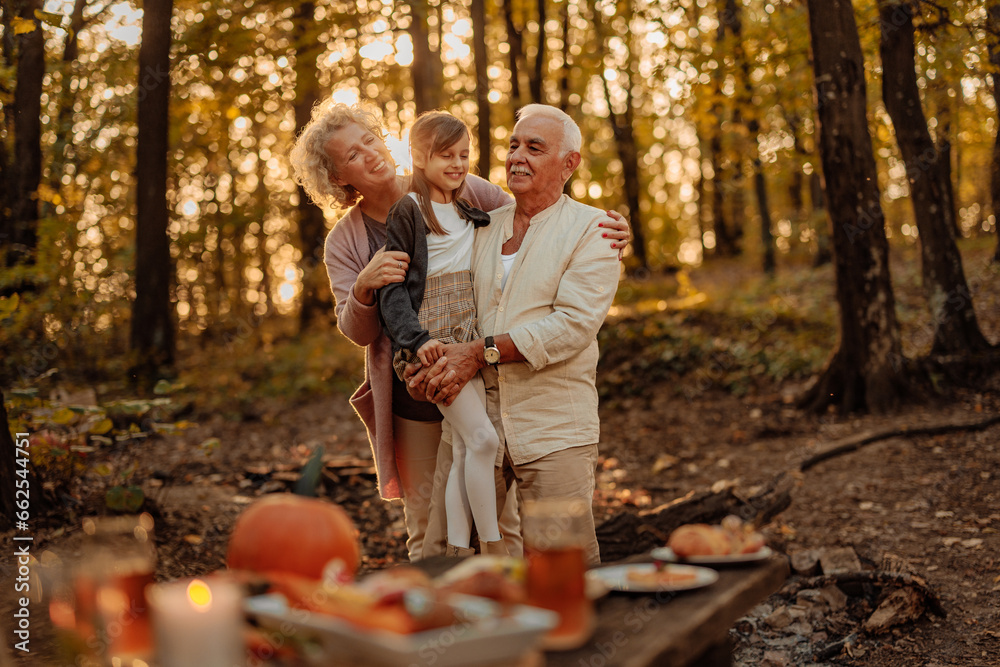 Family having a picnic in woods