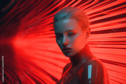 Sci-fi, fantasy, beauty, fashion concept. Sci-fi very beautiful and sexy looking woman close-up portrait. Futuristic style with neon colored light. Model clothing made from plastic. Generative AI