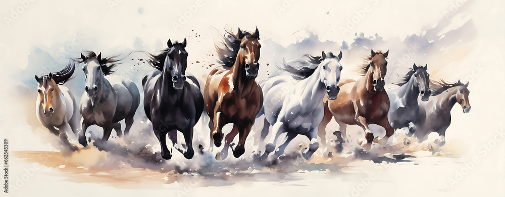 Eight horses. ,Eight horses in motion, beautifully hand-painted in the traditional Chinese brush style using black ink on a pristine white canvas. - obrazy, fototapety, plakaty 