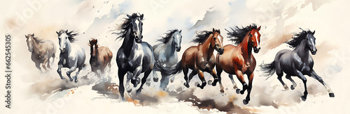 Eight horses. , Eight horses running. Hand painted with black ink in Chinese brush style on white background.