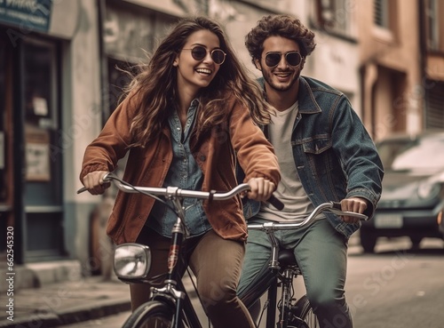 Happy couple riding bicycles on street